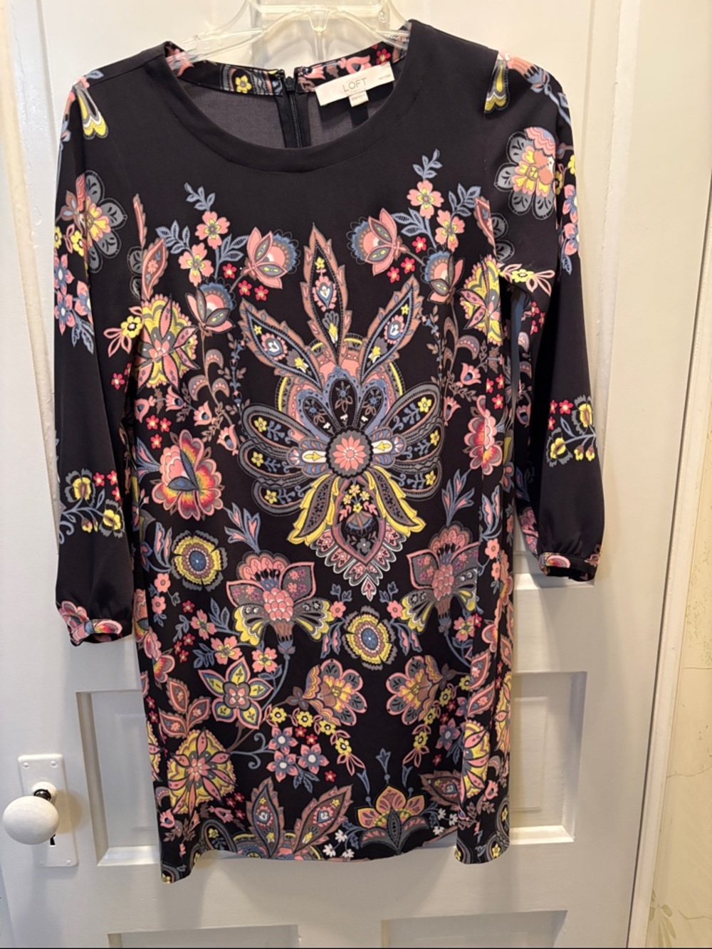 LOFT Black Floral Shift Dress with Pink, Yellow & Blue Paisley Print
